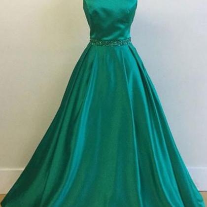 Green Satin Boat Neck Long Prom Dress For Teens,..