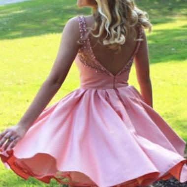 A-Line Bateau V-Back Short Pearl Pink Satin Homecoming Dress with Sash PD140