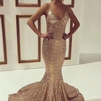 Sexy Gold Deep V-neck Sweep Train Sequined..