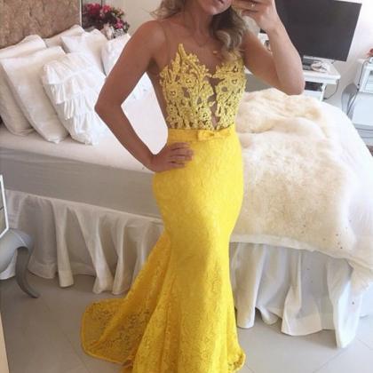 Sheer Bodice Yellow Lace Party Dress Mermaid See..
