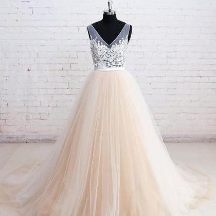 V-neck See-through Bodice Champagne Tulle Wedding..