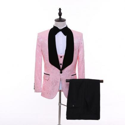 Mens Suits Pink Jacquard Groom Tuxedos Shawl Lapel..