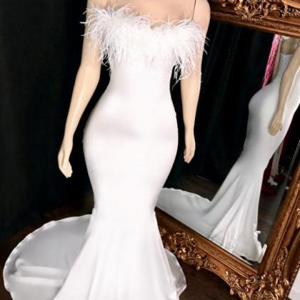 Sexy Strapless Feather Prom Dresses White..