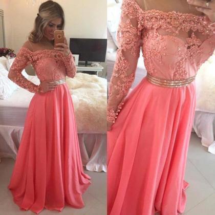 Watermelon Chiffon Prom Dresses, Sheer Top Party..