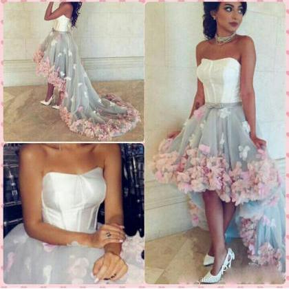 2017 Hi-lo Prom Dresses With 3d Hand Made Flowers..