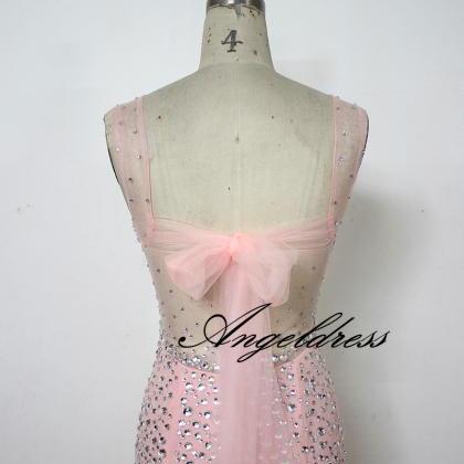 2017 Pink Elegant Prom Dresses Mermaid Sheer Scoop..