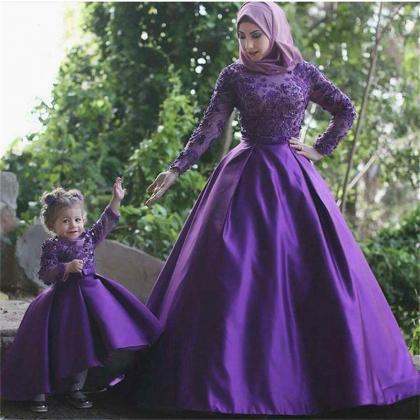 Purple Long Sleeves Flower Girls Dresses Jewel..