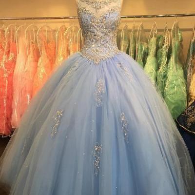 Crystal Beaded Sequins Sheer Scoop Neck Tulle Quinceanera Dresses Ball Gowns Light Blue Sweet 16 Years Prom Party Dress
