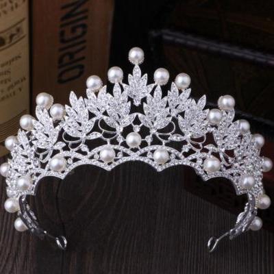 Elegant Full Crystal Beads Pearl Maple Leaf Bridal Tiaras Hair Jewelry Wedding Crown Bride Hair Accessories Pageant Party Crowns