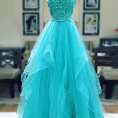 Turquoise tulle long lace prom dress, ruffles evening dress