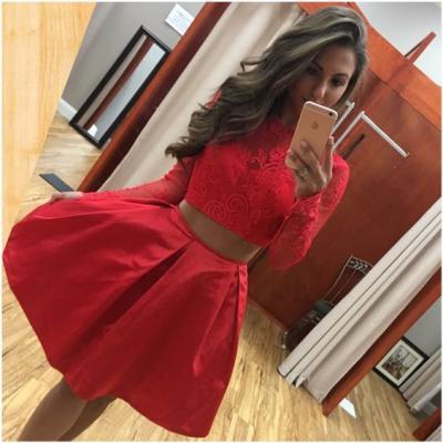Two Piece Long Sleeves Short Red Lace Satin Homecoming Dress Girls Graduation Party Gowns