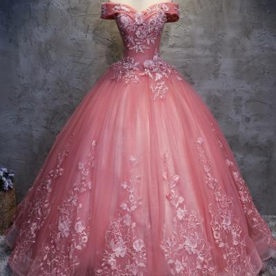 2018 off shoulder coral tulle long handmade evening dress, long ball gown quinceanera dress prom gowns with lace appliques