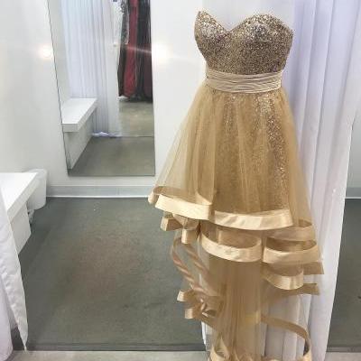 Gold Sequins High Low Sweetheart Prom Dresses 2018 Tulle Homecoming Dress Girls Graduation Gowns