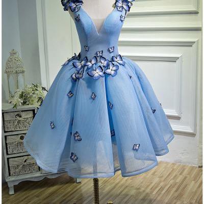 Ball Gown Elegant Blue Girls Homecoming Dresses 3D Butterfly Short Prom Party Dresses
