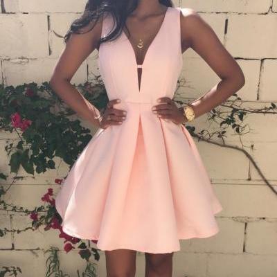 Satin Prom Dresses ,Hot Sale Party Dresses,Charming Prom Dress,Pearl Pink Homecoming Dresses,Backless Homecoming Dresses,V Neck Cheap Graduation Dresses