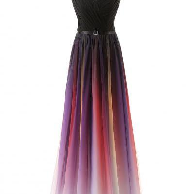 Ombré Floor-Length Chiffon Prom Dress with V-Neck and Lace-Up Back