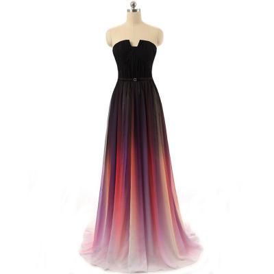 New Cheap Gradient Ombre Chiffon Prom Dress Evening Dress Strapless with Pleats Women Dress