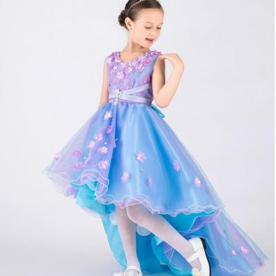 Purple and Blue Beautiful Girls Dresses A LineLong Front Short Back Lace Tulle Satin Flower Girl Dresses Little Girls Pageant Dresses With 3D Flowers