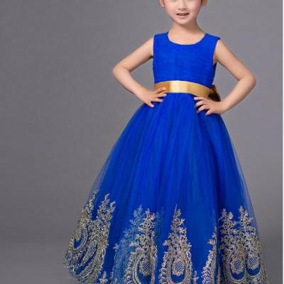 Royal Blue A Line Long Tulle Flower Girls Dresses Princess Prom Dress for Wedding Gold Bow Sashes and Appliques Party Dress for Girls
