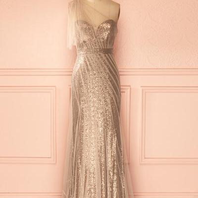 Champagne Long Sheath Evening Dresses One Shoulder Sequins Tulle Women Formal Party Dresses Floor Length Prom Gowns