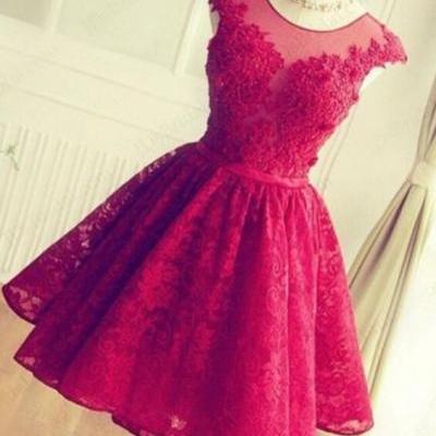 2016 Red Lace Prom Dresses Short Mini Skirt Sheer Neck Appliques Graduation Homecoming Party Gowns Beads Dress for Wedding