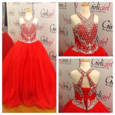 2016 Red Little Girls Pageant Dresses With Beaded Crystals Halter Floor Length Flower Girl Dresses With Corset Back