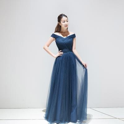 V Neck Cap Sleeve Long Tulle Party Evening Dresses 2016 Navy Blue Pleat Elegant Prom Gowns