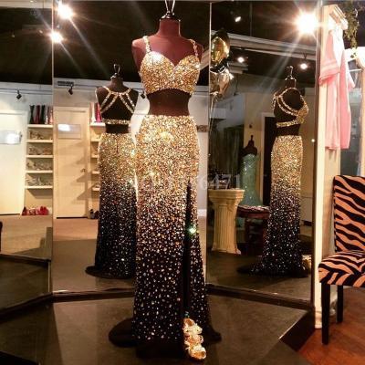 Dazzling Luxury Gold Crystal Rhinestone 2 Piece Prom Dresses Backless High Front Split Sexy Black Evening Prom Dress