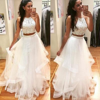 Two Pieces Prom dresses, Beading A- line Prom Dresses, Halter Prom Dresses ,Custom Made Prom Gown,Floor Length Party Dress,White Graduation Dresses Gowns