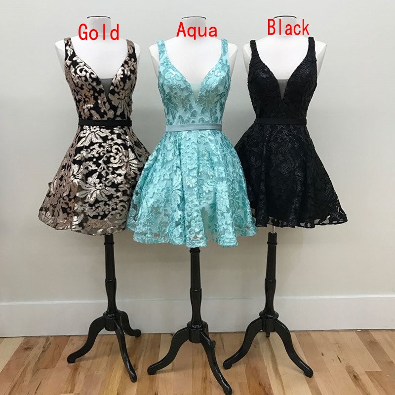 A Line V Neck Short Homecoming Dresses Aqua Black Gold Lace Embroidery 2017 Graduation Party Gowns