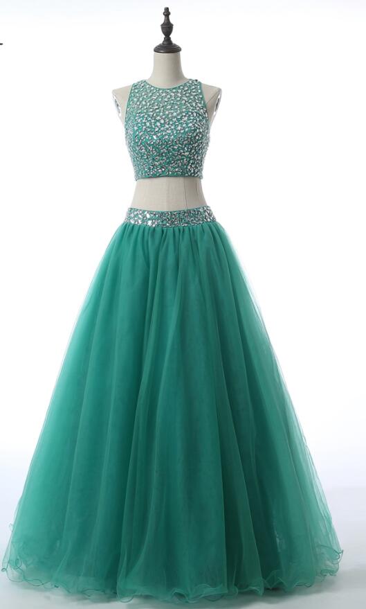 2017 Deep Green Quinceanera Dress Floor Length Tulle Beaded Crystals Sequins Two Pieces Prom Sweet 16 Dresses Women Prom Party Gowns