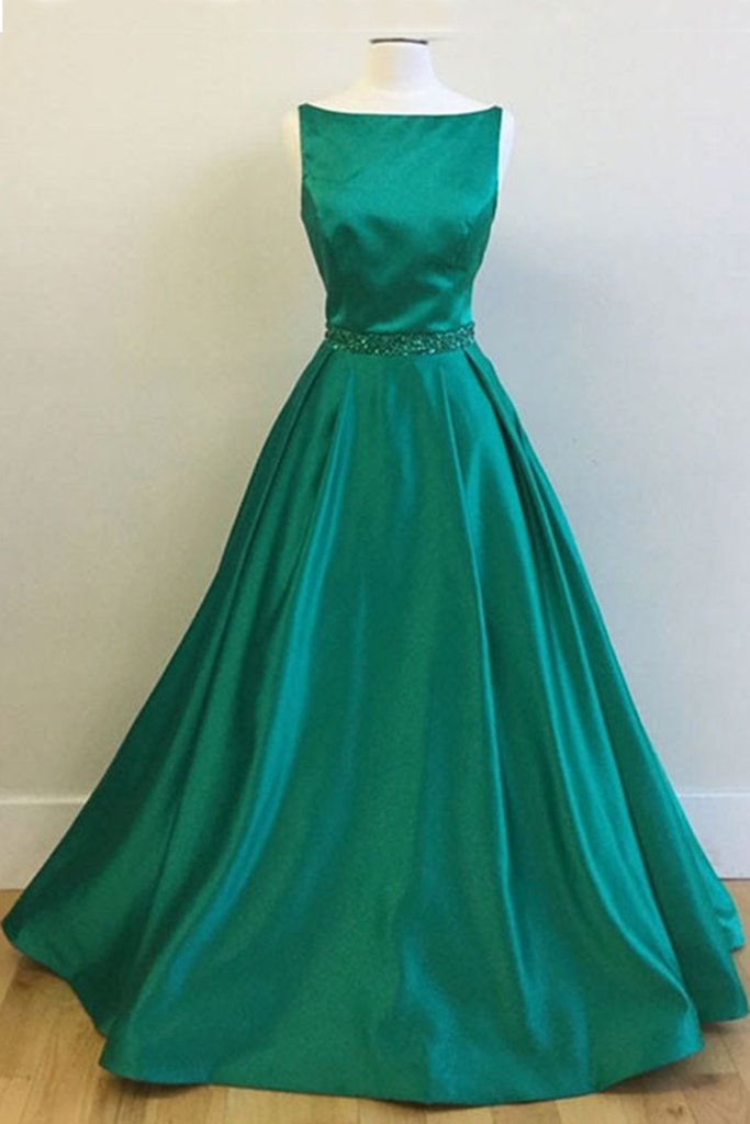 Green Satin Boat Neck Long Prom Dress For Teens, Evening Dress,sequins Beaded Sashes Prom Gowns