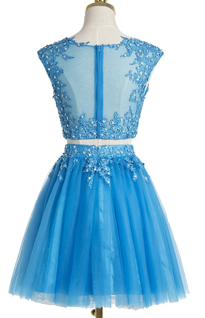 Sky Blue Tulle Two Pieces Lace O Neck See Through Short Prom Dresses