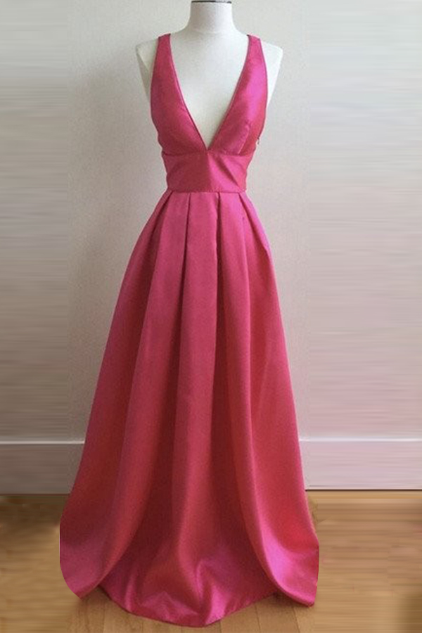 A-line Deep V-neck Criss-cross Straps Floor Length Rose Pink Prom Dress