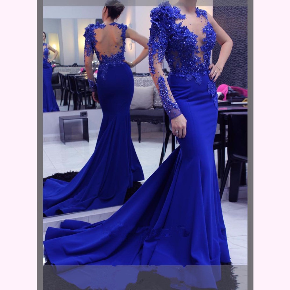 Elegant Long Evening Dress 2017 Mermaid Lace Royal Blue Formal