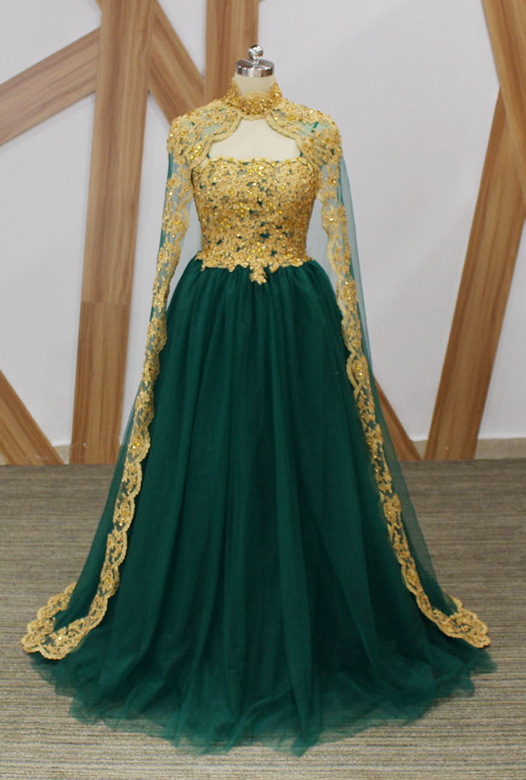 High Quality Dark Green Tulle Long Evening Dress Gold Beaded Lace A ...