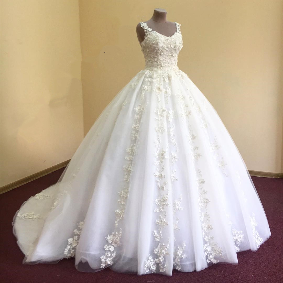 Ball Gown Wedding Dresses, Appliques Flower Wedding Gown,long Tulle Bridal Wedding Dress