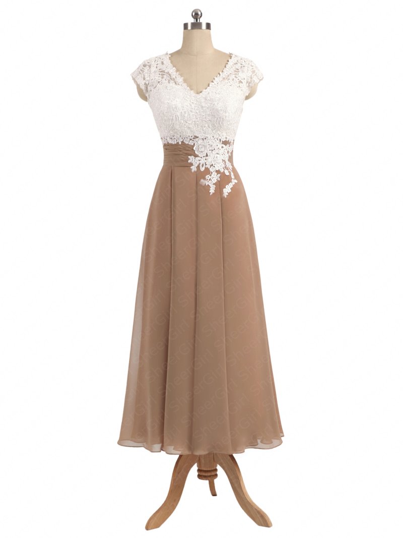 A-line V-neck Ivory Lace Top Tea-length Khaki Chiffon Bridesmaid Dresses Women Wedding Party Dress Gowns