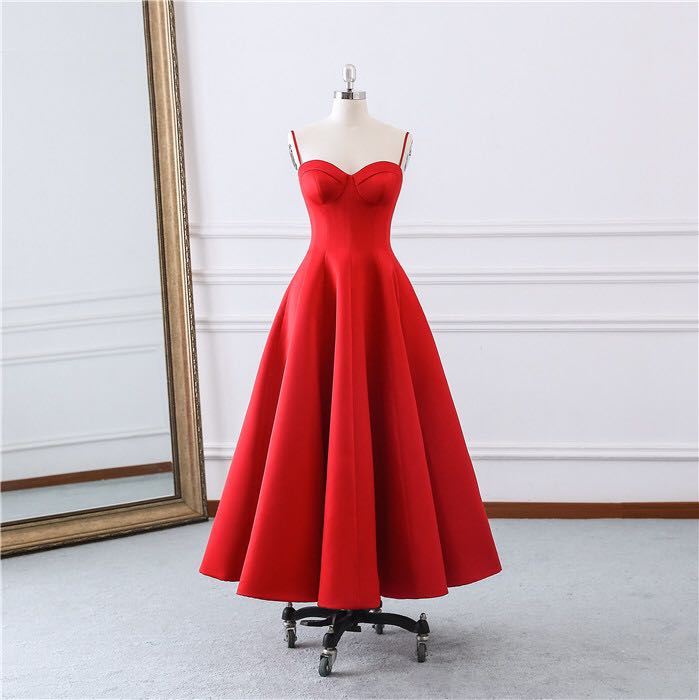 red satin tea length dress