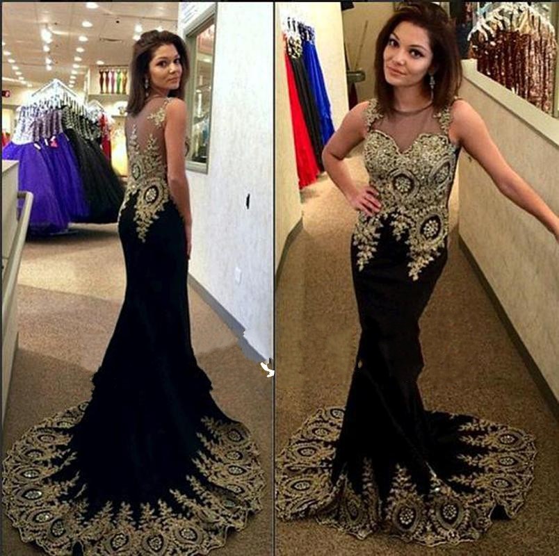 Sexy Mermaid Crystals Lace Appliques Prom Dresses Sheer Jewel Black Long Evening Party Dreses Formal Gowns