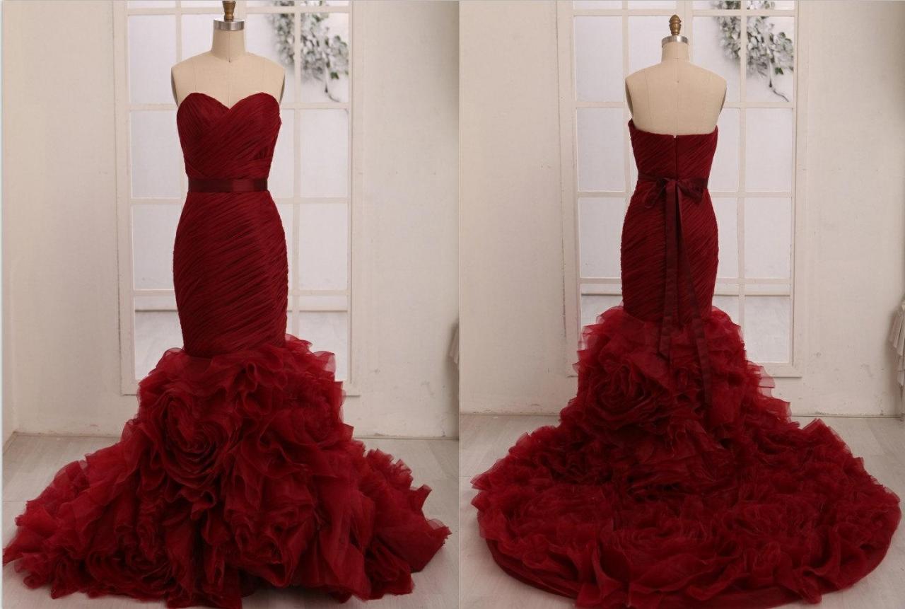 burgundy and white wedding dress