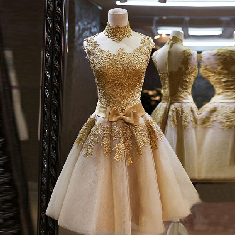 A Line High Neck Gold Appliques Short Party Dresses Sleeveless Lace Mini Homecoming Dresses
