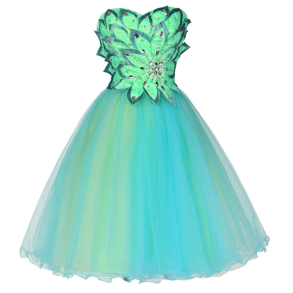 Sweetheart Cocktail Dresses Knee Length Tulle Party Homecoming Dress With Flower Appliques Green Prom Party Dress