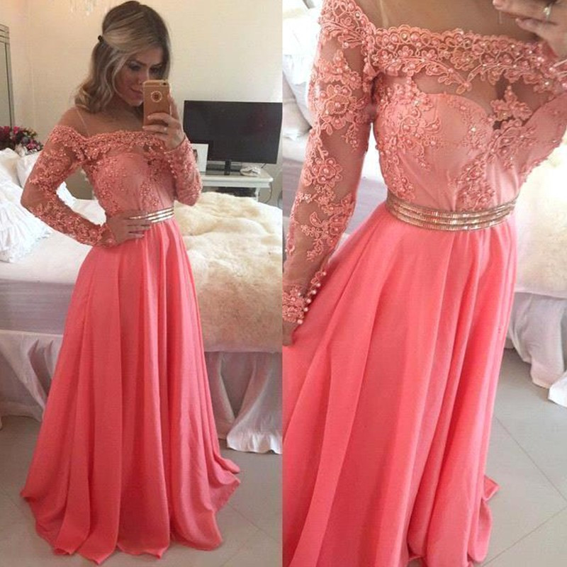 Watermelon Chiffon Prom Dresses, Sheer Top Party Gowns, Arabic Graceful Evening Dresses, A-line Prom Dresses,long Sleeve Prom Gowns,lace Beads