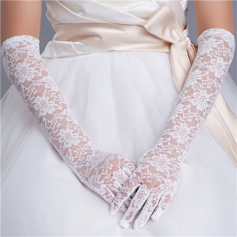 Lace Bridal Gloves Elbow Length Women Wedding Gloves Finger Long One Size White Formal Party Gloves