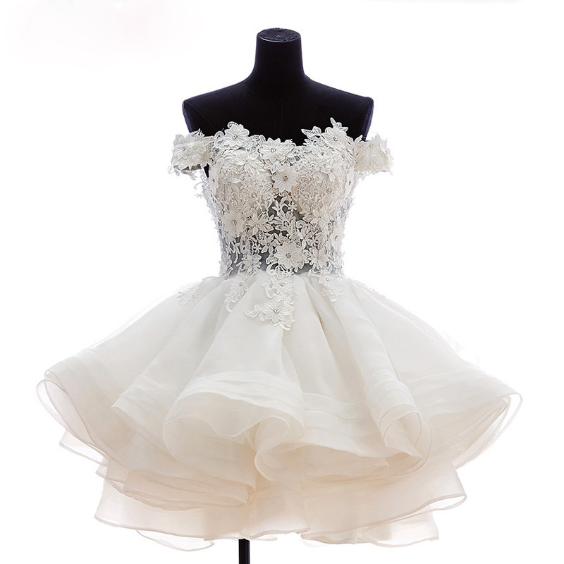 White Ivory Short Wedding Dresses Lace Bridal Appliques Wedding Dress Off The Shoulder Zipper Organza Wedding Dress