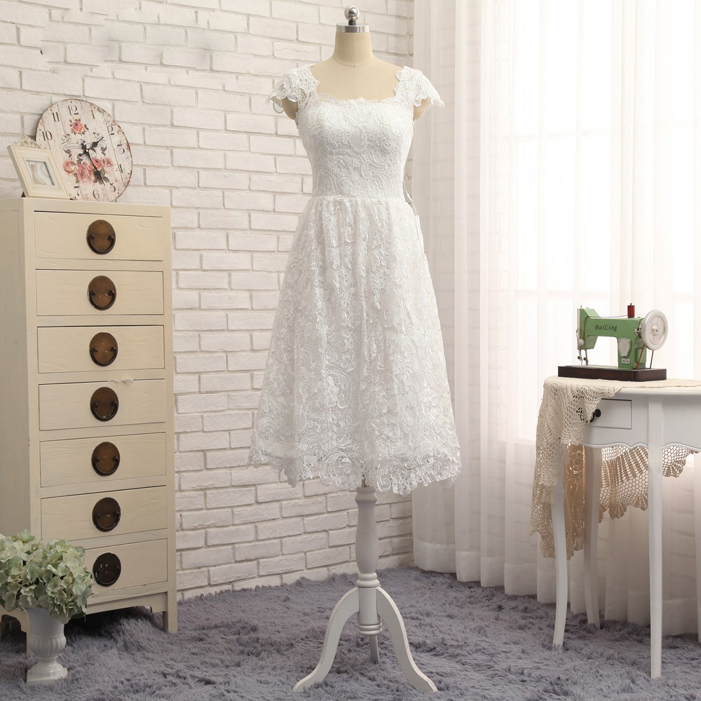 White Short Wedding Dresses,elegant Lace Wedding Dress , Plus Size Bridal Gown ,cap Sleeve Wedding Dress,tea Length Bridal Dress