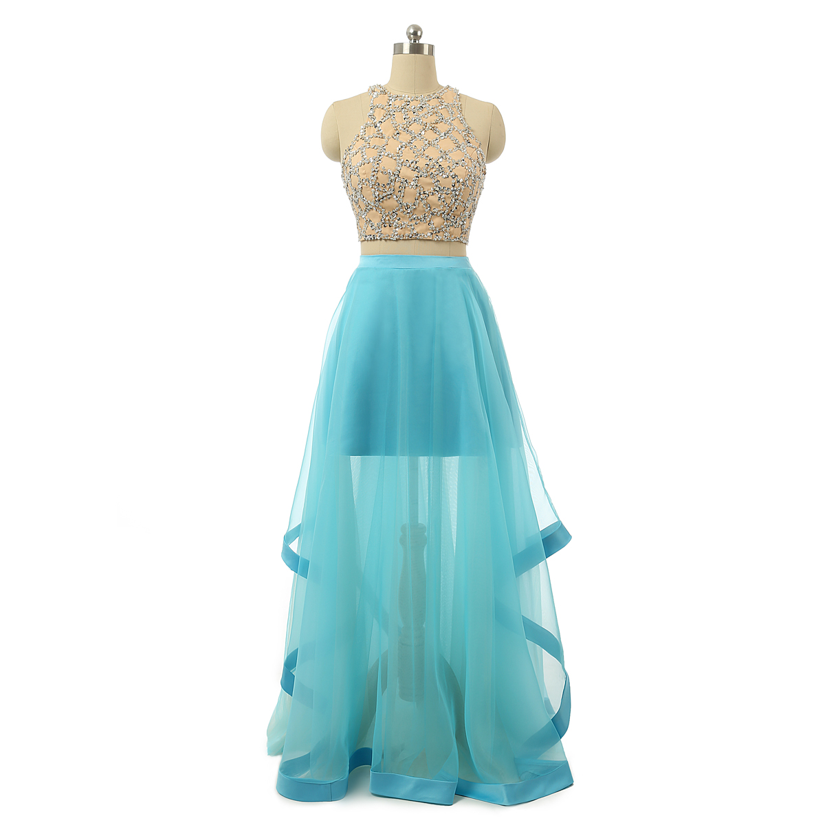 Two Piece Sleeveless A-line Tulle Prom Dress With Sequin Beads ...