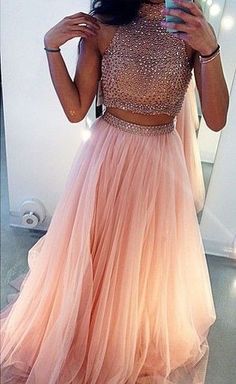Sexy Prom Dress Two Piece Prom Dress Blush Pink Prom Dress Long Prom Dresses