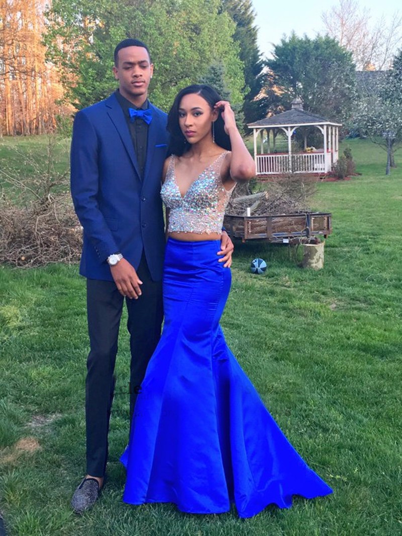 Luxury Two Pieces Prom Dresses,mermaid V-neck Crystals Beads Backless Evening Dress, Royal Blue Formal Party Gowns